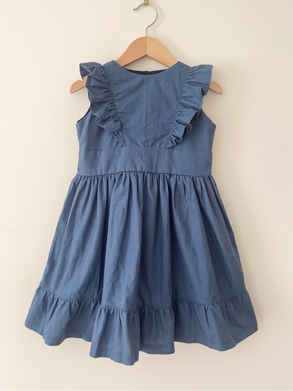 CUTEHEADS EUC Dusty Steel Blue Minimalist Ruffle Heirloom Dress